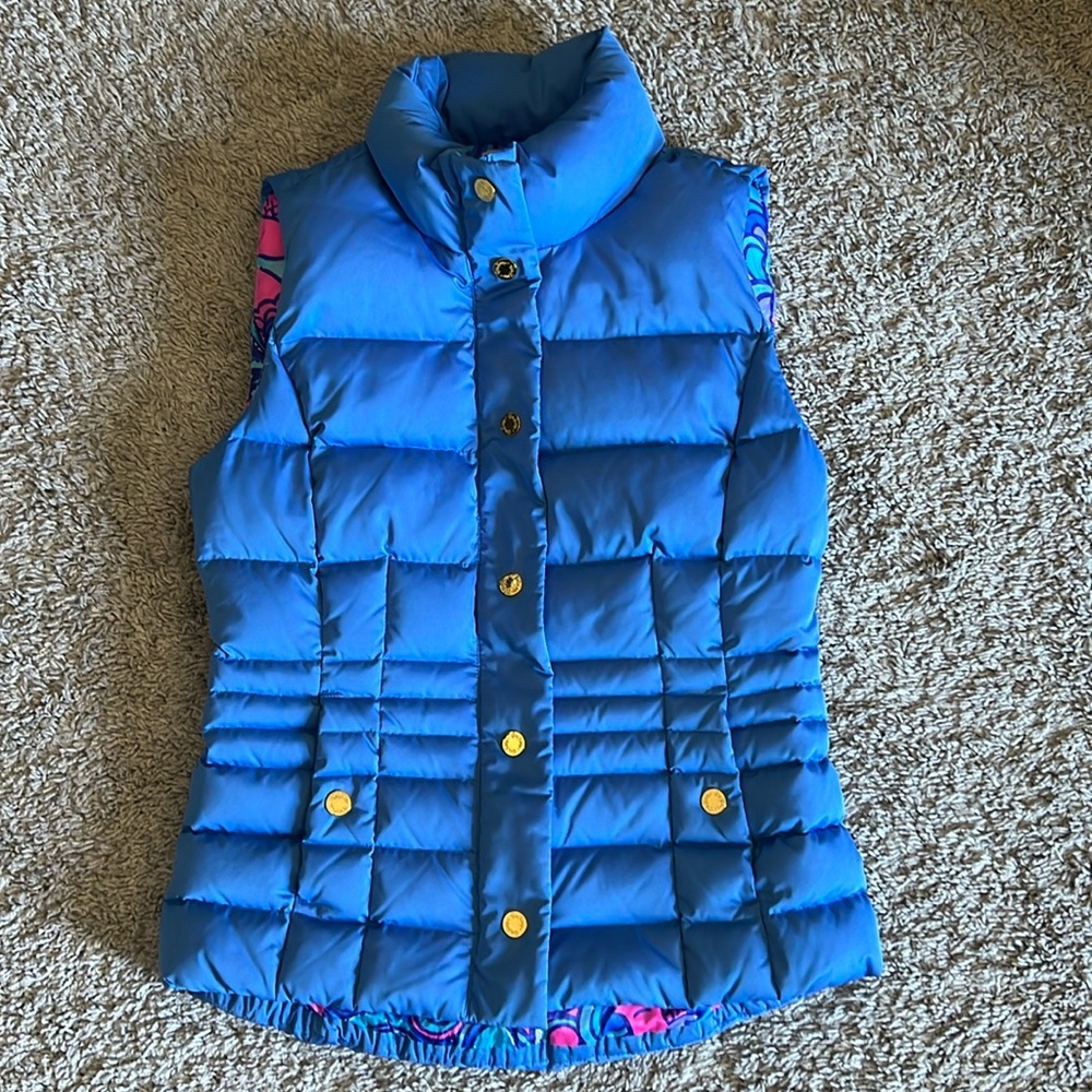 Lilly Pulitzer Blue Quilted Puffer Vest with Pink Trim